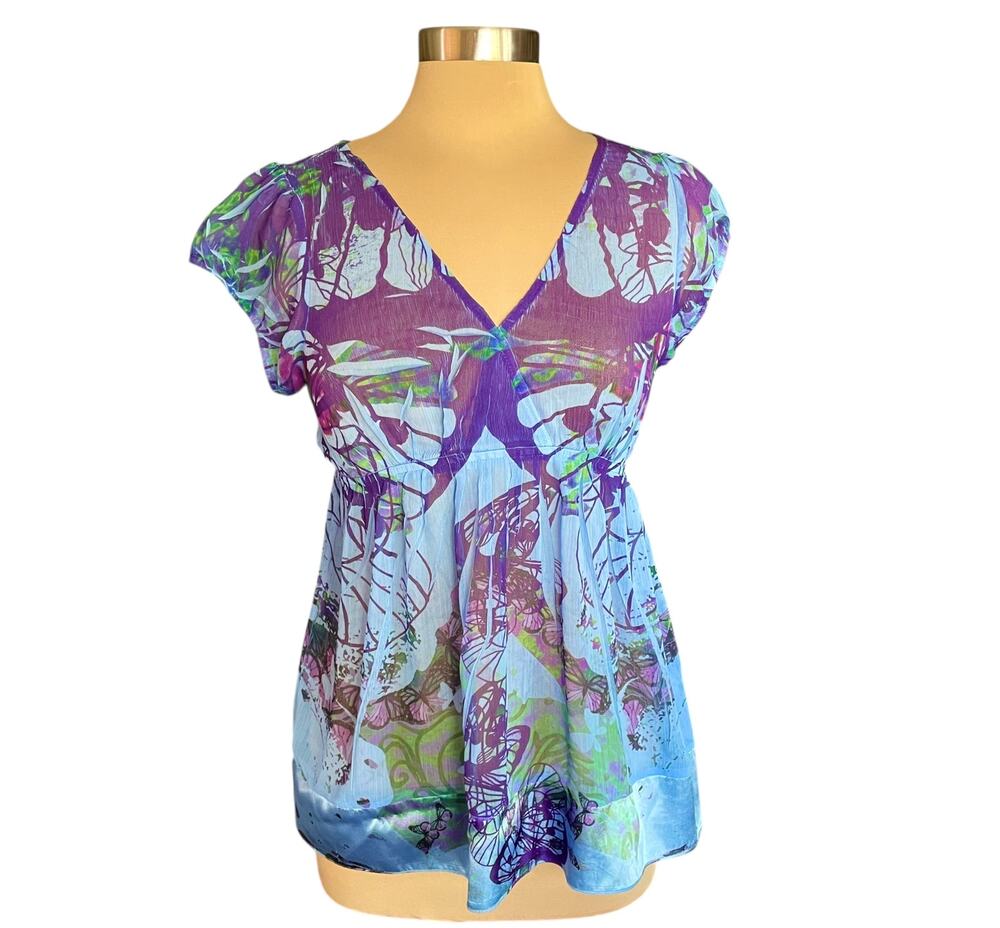 Unity World Wear Y2K Babydoll Top Sheer Chiffon Size S Butterfly Fairy Whimsical
